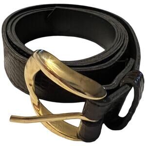 Vintage Brown Reptile Embossed Leather Belt Gold Buckle Size 14 Adjustable Waist